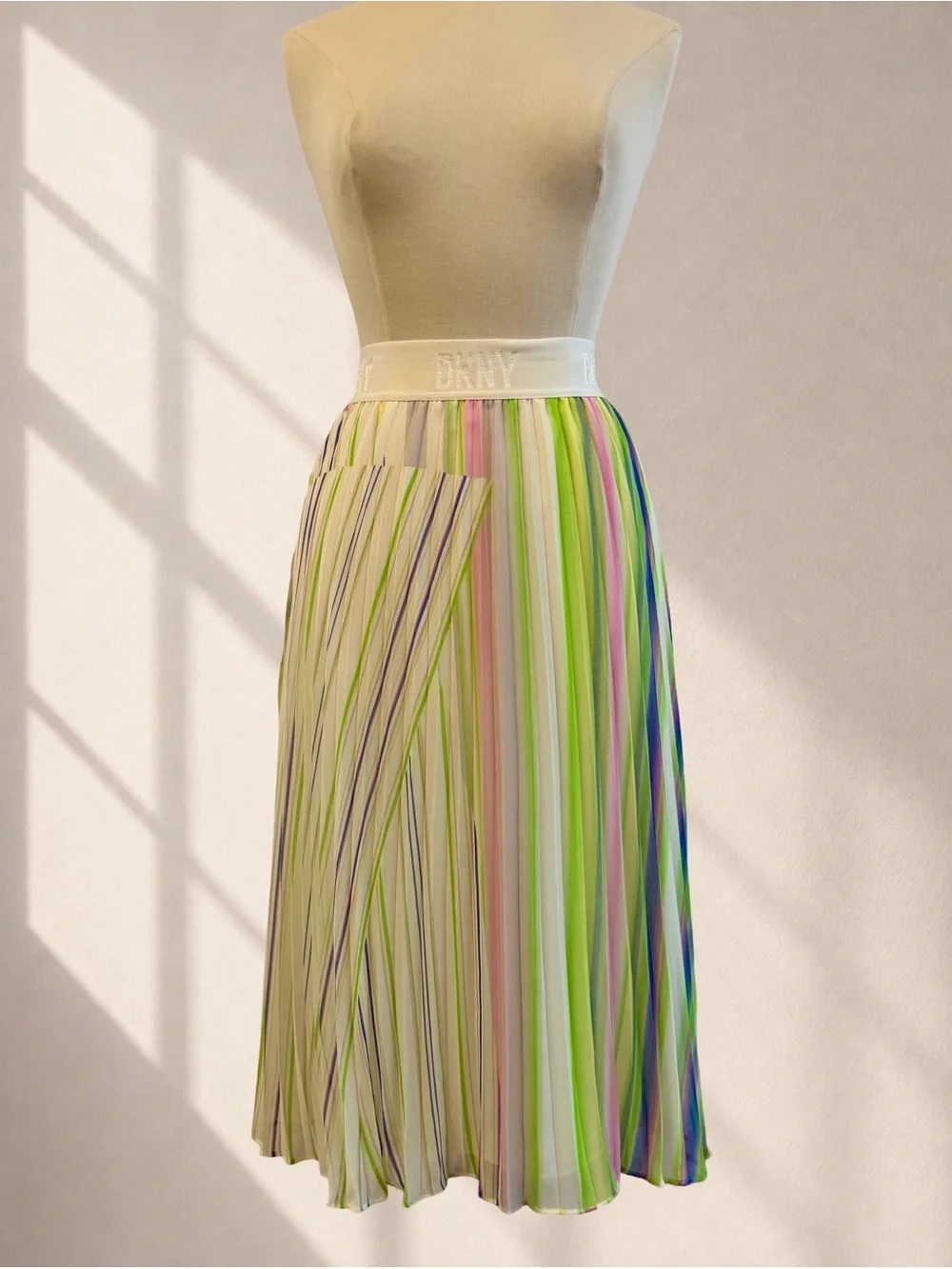 DKNY Scissor Pleated Pastel Stripe Midi Skirt L Y2K Resort Art Print